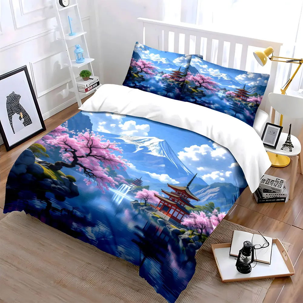 Sakura Temple with Mt Fuji Reflection Print Bedding Set 1Duvet Cover 2Pillowcases for Adult and Children Luxury Gift Full Size