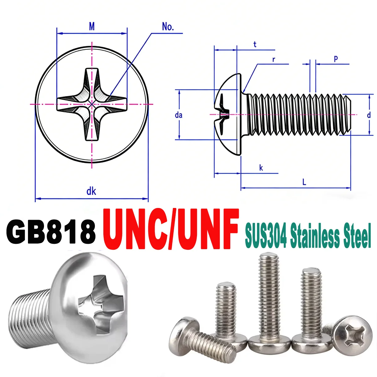 

10# 12# 1/4" 5/16" 3/8" UNC UNF SUS304 Stainless Steel Phillips Pan Head Machine Screws GB818 Bolts