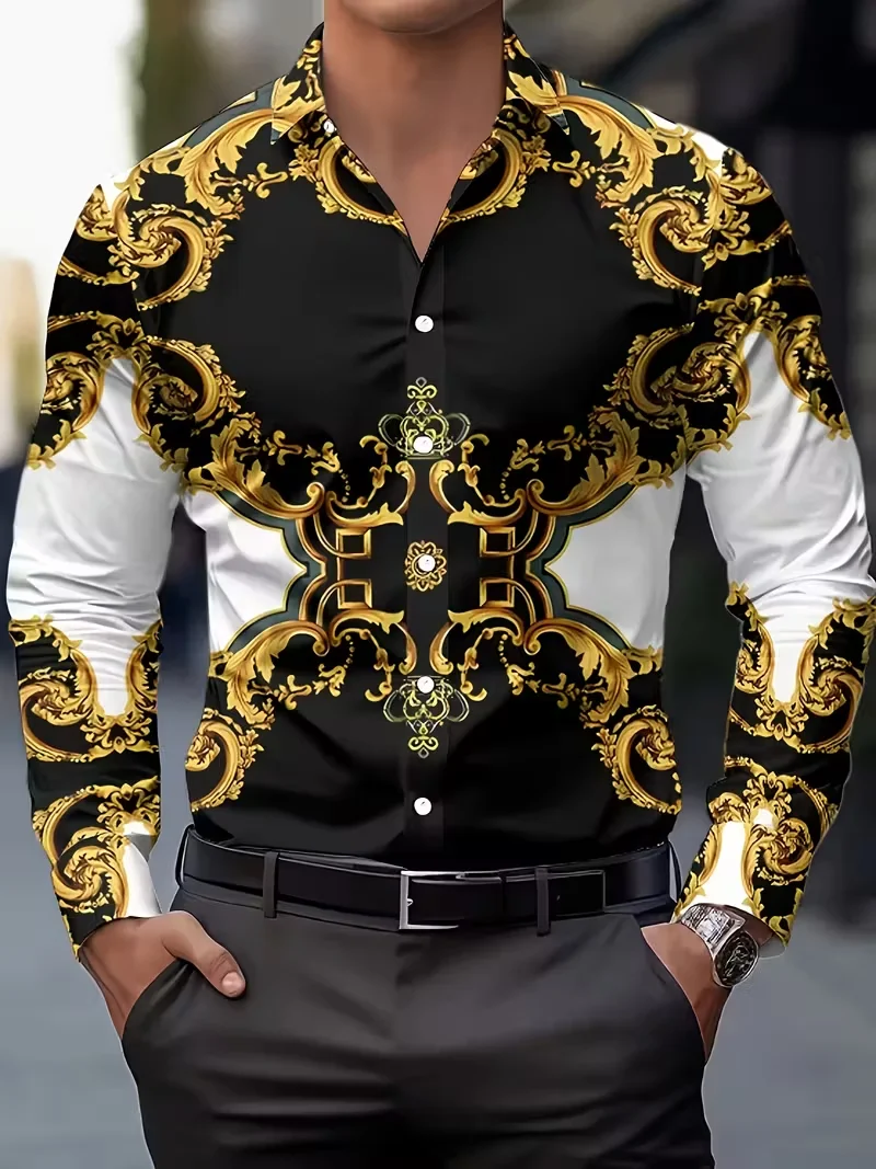قميص رجالي كاجوال بأكمام طويلة مطبوع عليه زهور ثلاثي الأبعاد بتصميم أبيض وأسود، قميص كاجوال بأزرار سفلية