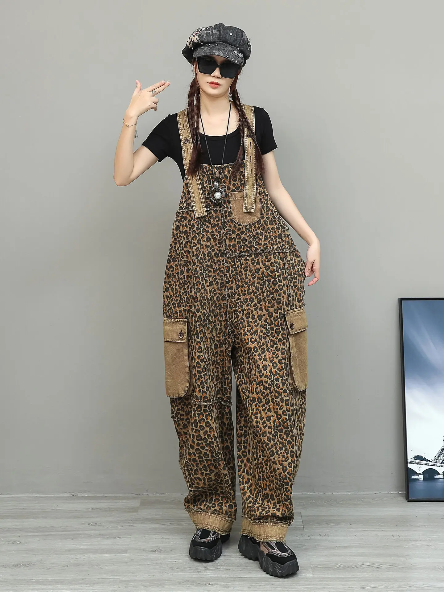 Cool Leopard Print Work Jumpsuit Women Summer Loose Distressed Thin Denim Sleeveless Jumpsuit ZXY085 - Image 3