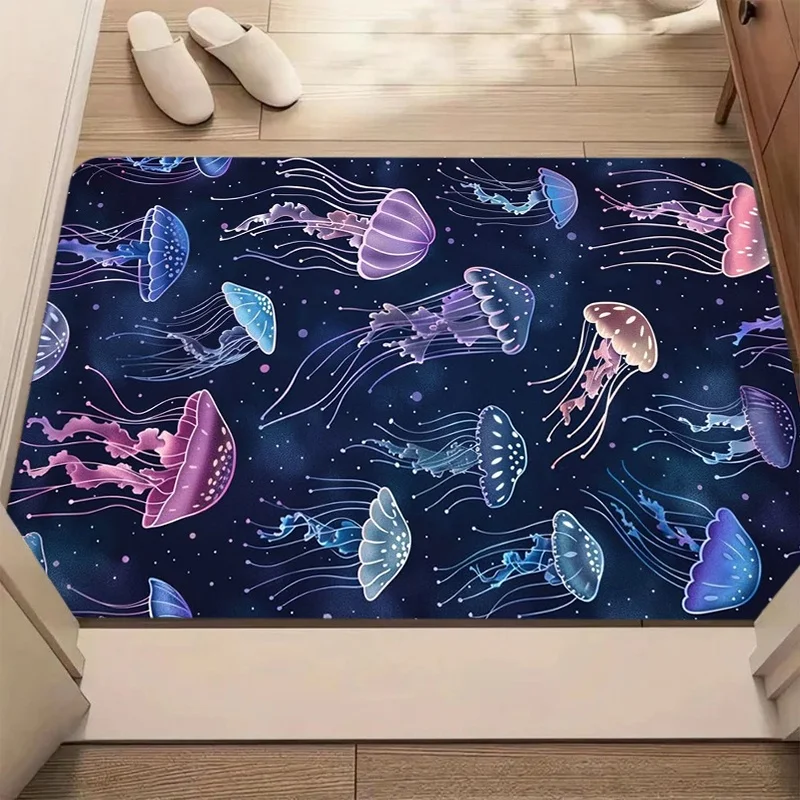 Dark Starry Purple Blue Jellyfish Print Door Mat Anti Slip Entrance Doormat Ocean Marine Pattern Rug Indoor Home Decor