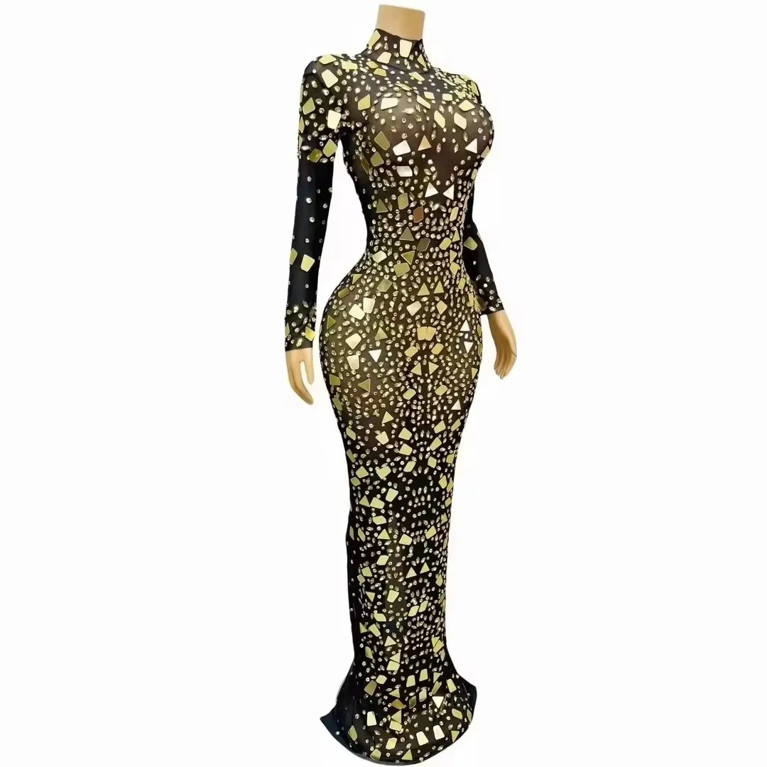 Luxurious Gold Mesh Long Sleeves Rhinestones Dress Mirrors Birthday Celebrate Transparent Costume for Prom Evening Party Catwalk