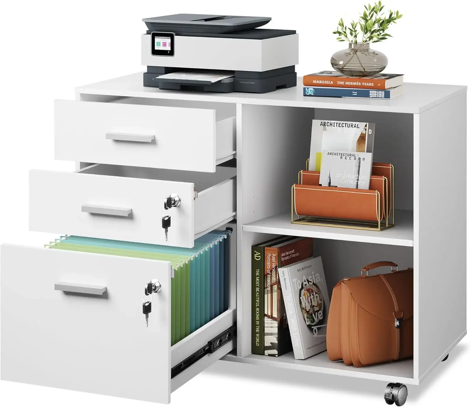 

White Mobile Lateral Wood Filing Cabinet Printer Stand Lock Drawer Open Storage Shelves Home Office