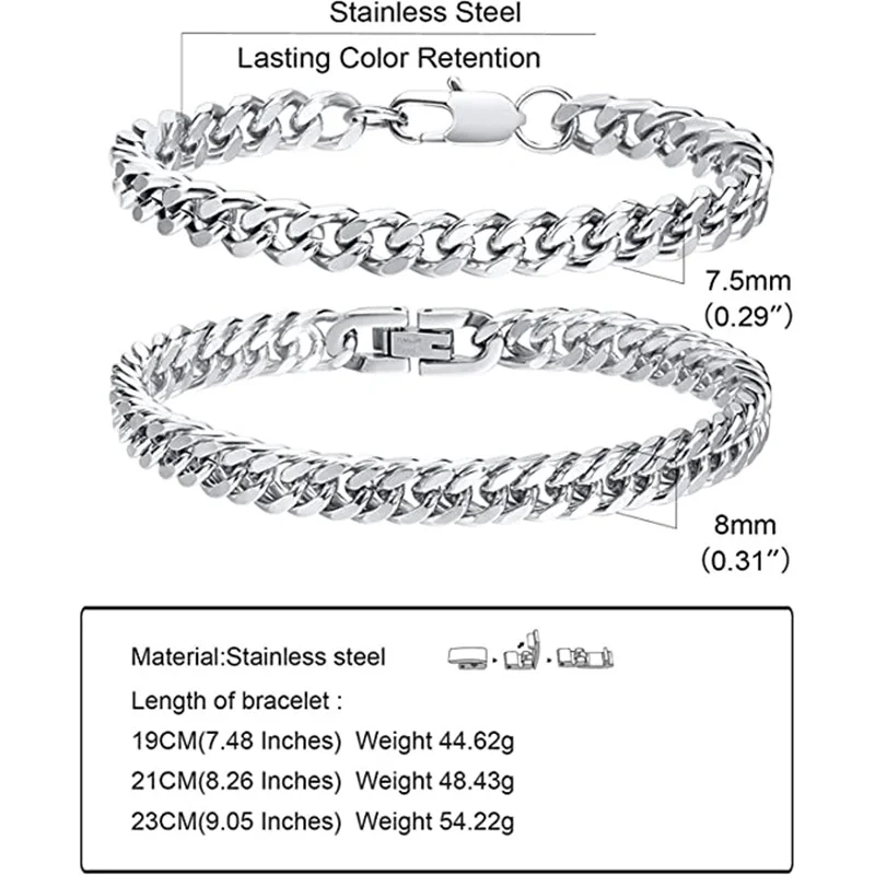 Браслет-цепочка мужской/женский из нержавеющей стали, 7,5/8,3/9 дюймов, 2 шт.