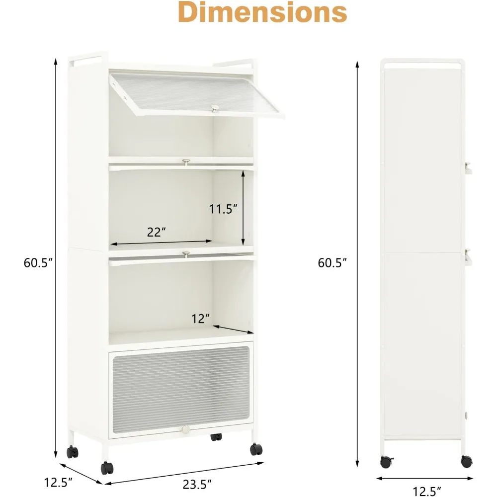 5-Tier Kitchen Storage Cabinet,Mobile Microwave Stand with Flip-up PCDoors,Freestanding Kitchen Bakers Rack with4Rolling Casters
