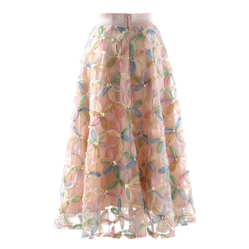 Gentle Fairy Style 3D Flower Sequin Tulle Skirt Elastic High Waist A-Line Slim Fit Elegant Casual Long Umbrella Skirts For Women