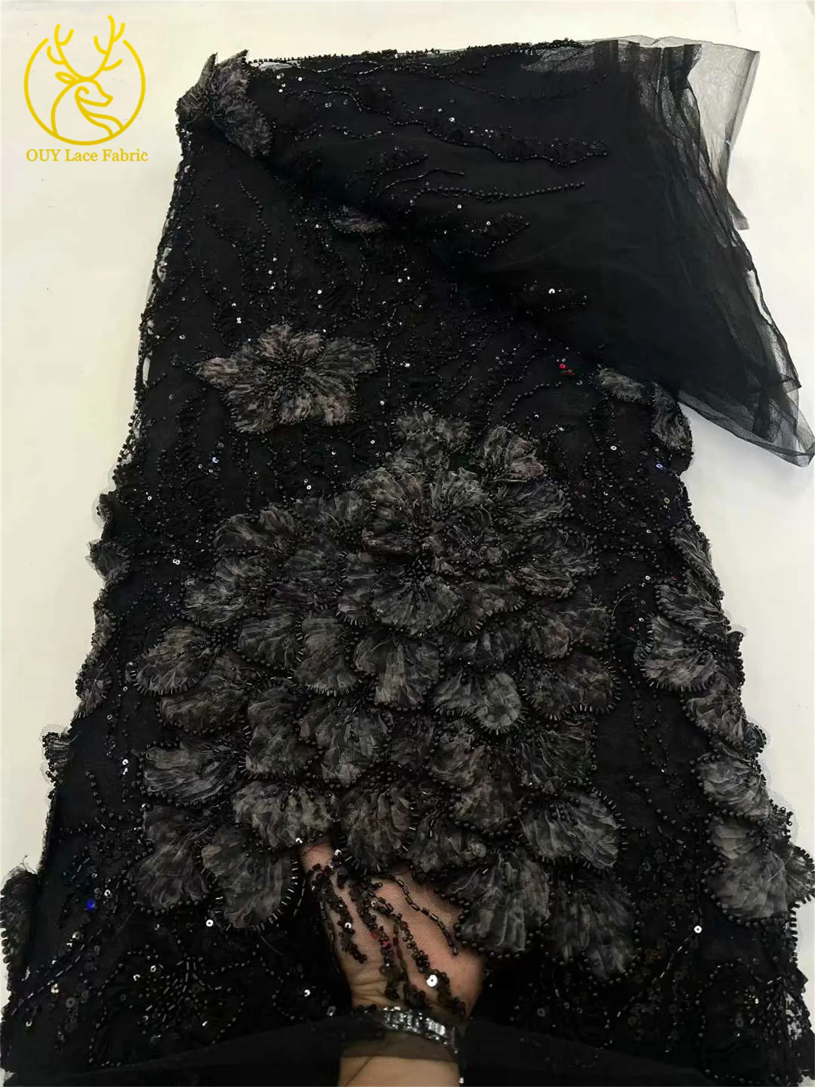 Luxuriöser Afrikanischer 3D-Blumenspitzenstoff 2026 Hochwertige Nigerianische Perlen-Pailletten-Netzspitze für Damen-Party- und Hochzeitskleider – Detail 13