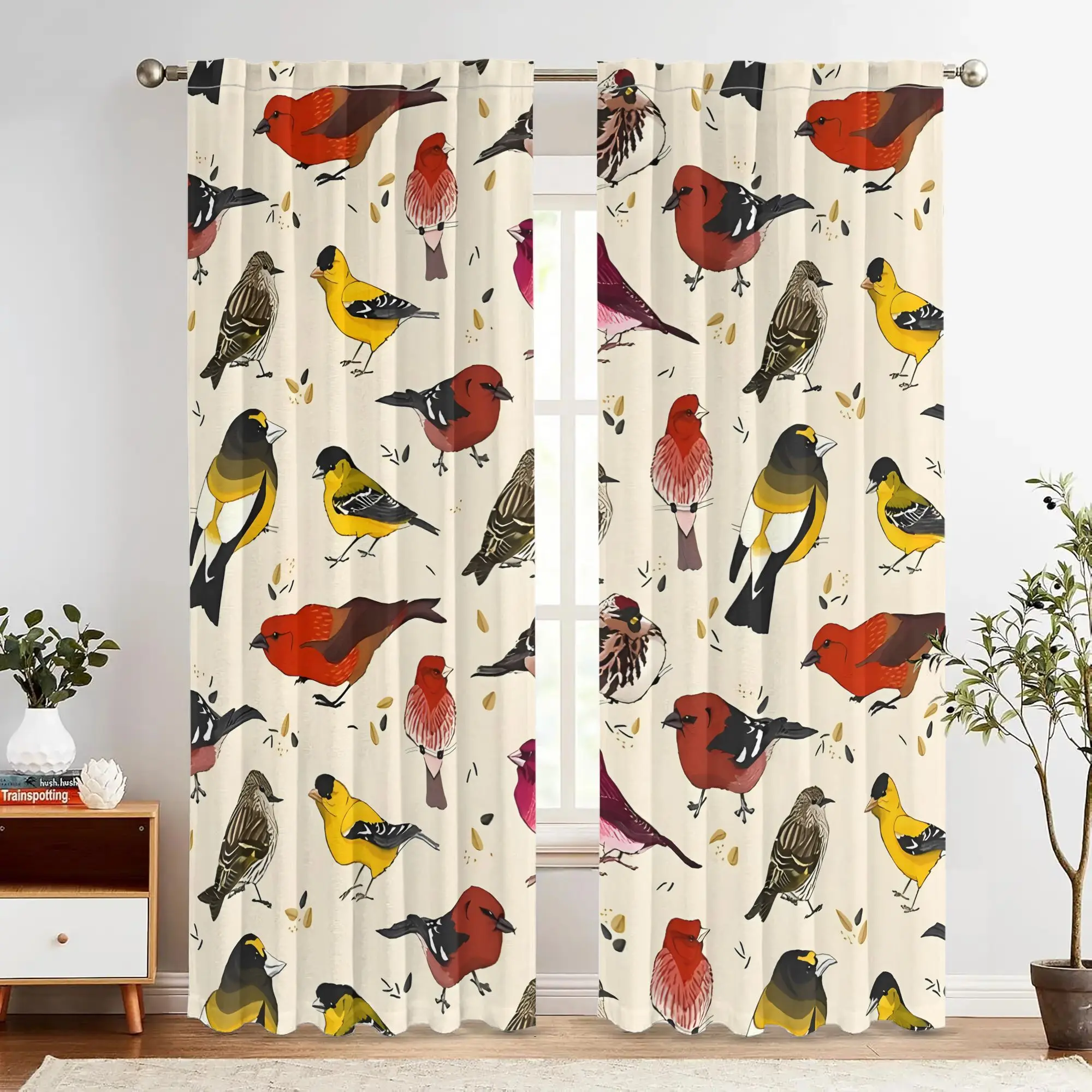 Retro sparrow design pattern curtains, pole-mounted installation. Suitable for living rooms, bedrooms, dining rooms and hotels.