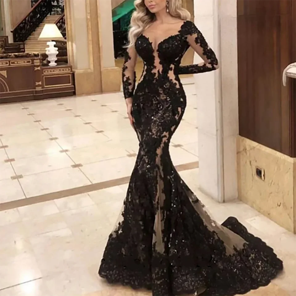 Customized Black Princess Lace Appliques Evening Wedding Dresses 2024 Long Sleeves With Sweep Train Tulle Bridal Gowns For Women