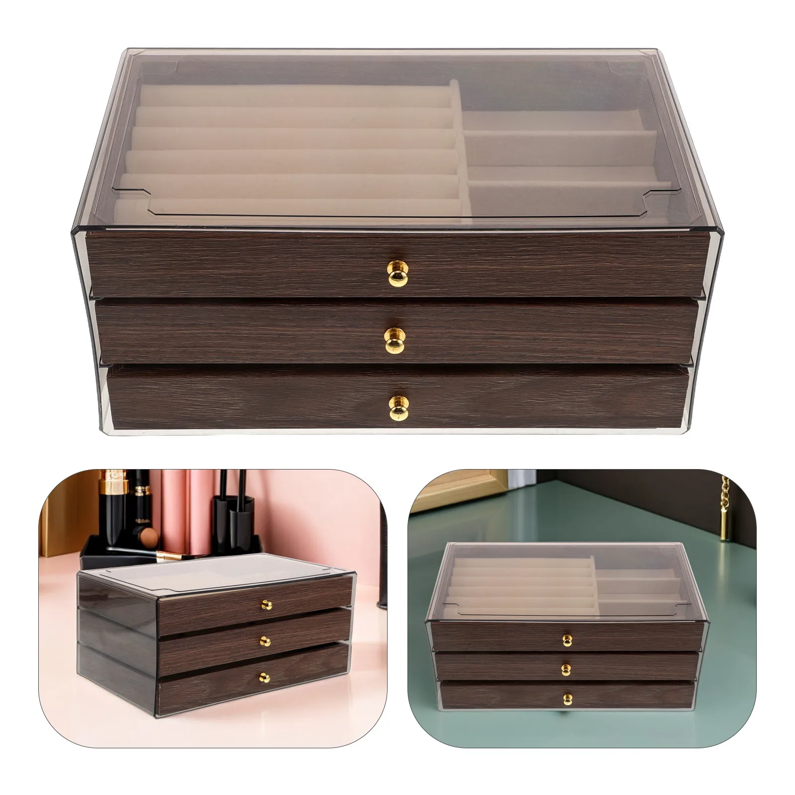 3 Layer Retro Jewelry Box Vintage Walnut Wood Finish 9.24X5.31X4.13 Inch Multifunctional Ring Earring Necklace Organizer -