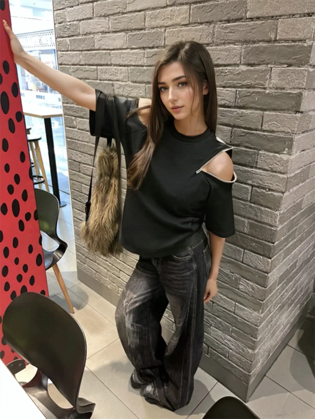 

American Zipper Open Shoulder Sexy Street Style Hiphop Casual Short Sleeve T-shirt for Women