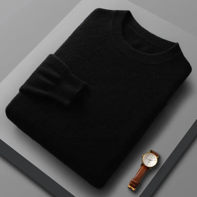 Осень и зима, новый свитер из 100% чистой шерсти, мужской свободный пуловер с круглым вырезом, простой вязаный кашемировый нижний свитер со свитером