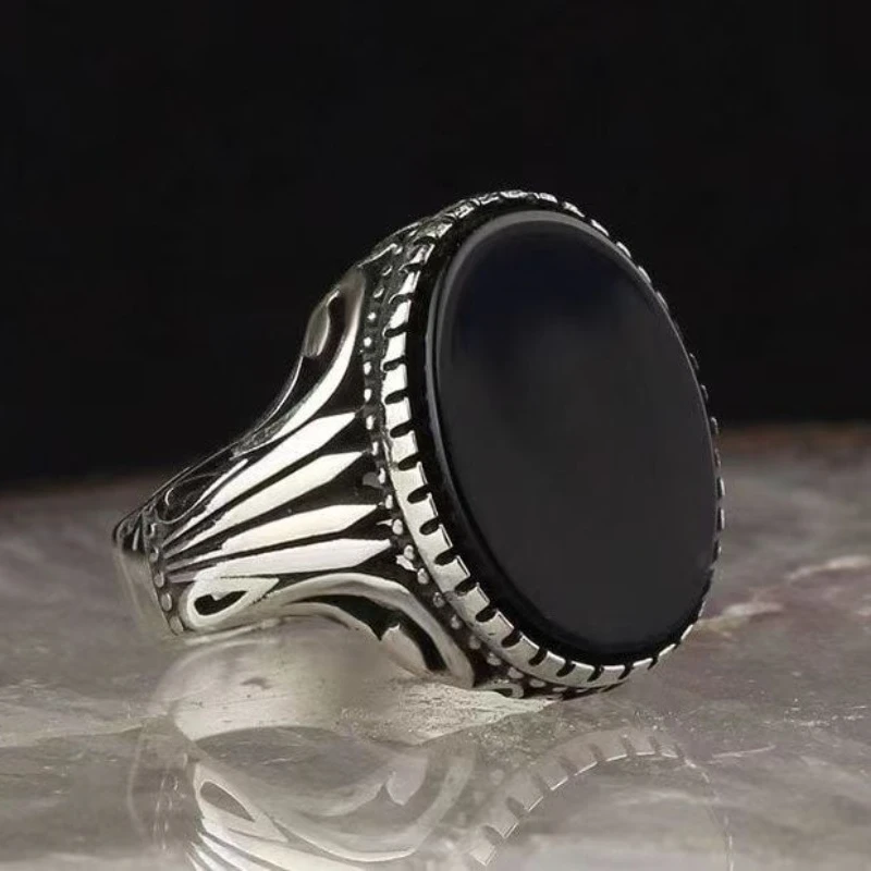 Anillo de alivio para hombres, Gema Vintage negra, patrón Simple europeo y americano, Nueva joyería