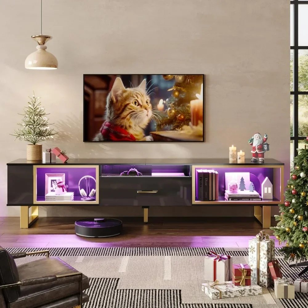 LED TV Stand , Modern Entertainment Center with Open Storage and Half-Glass Design Drawer, High Gloss Media Console image 6