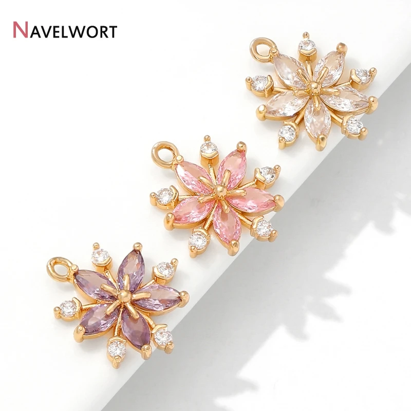 18K Gold Plated Brass Metal Inlaid Zircon Flower Shape Snowflake Charms Pendants Earring Charms,DIY Jewelry Materials view 4