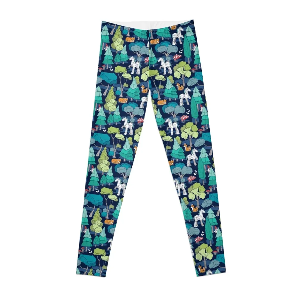 Geometric whimsical wonderland // navy blue background green forest with unicorns foxes gnomes and mushrooms Leggings