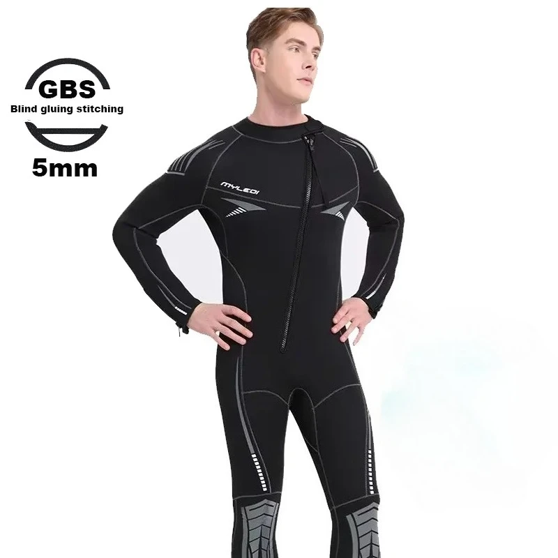 Men 5MM Wetsuit One-piece Diving Suit with Silk-like Fleece Lining ,Oblique Opening Zipper,Scuba Diving,winter Swimsuit