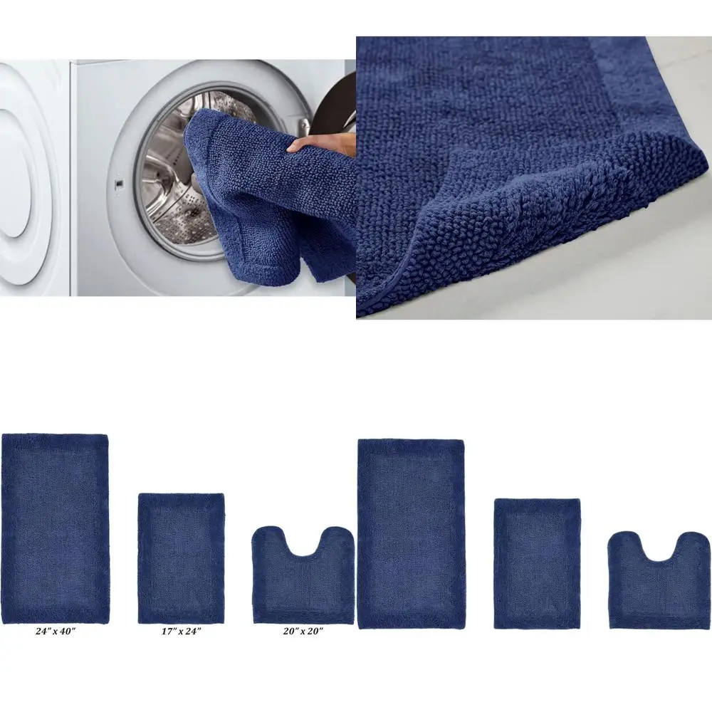 

Набор двусторонних ковриков для ванной из 100% хлопка, моющиеся, комфортные, быстросохнущие, с темно-синим кантом