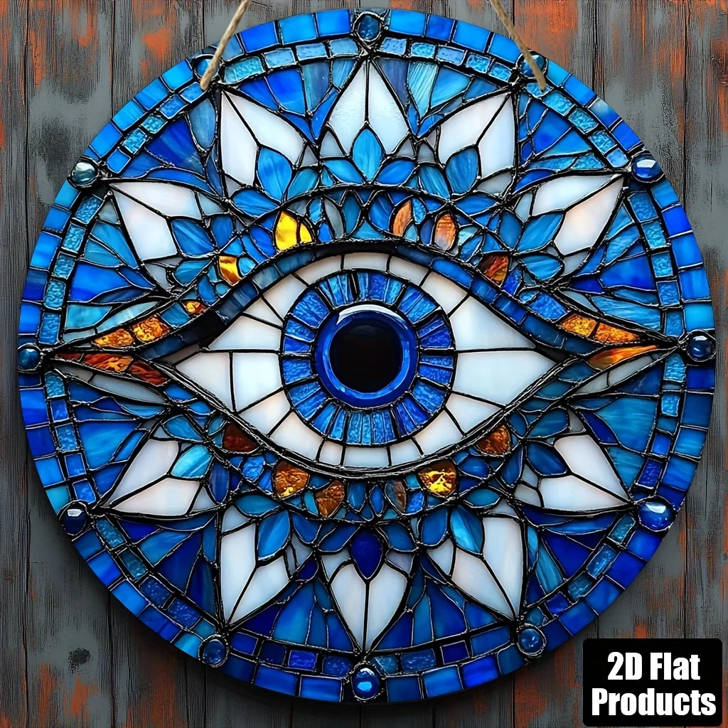 2D Flat, 1pc Evil Eye Wall Hanging - Vintage Greek/Nazar Amulet Sign - Wood Board Decor - 20.32x20.32 cm Talisman for Home, Offi