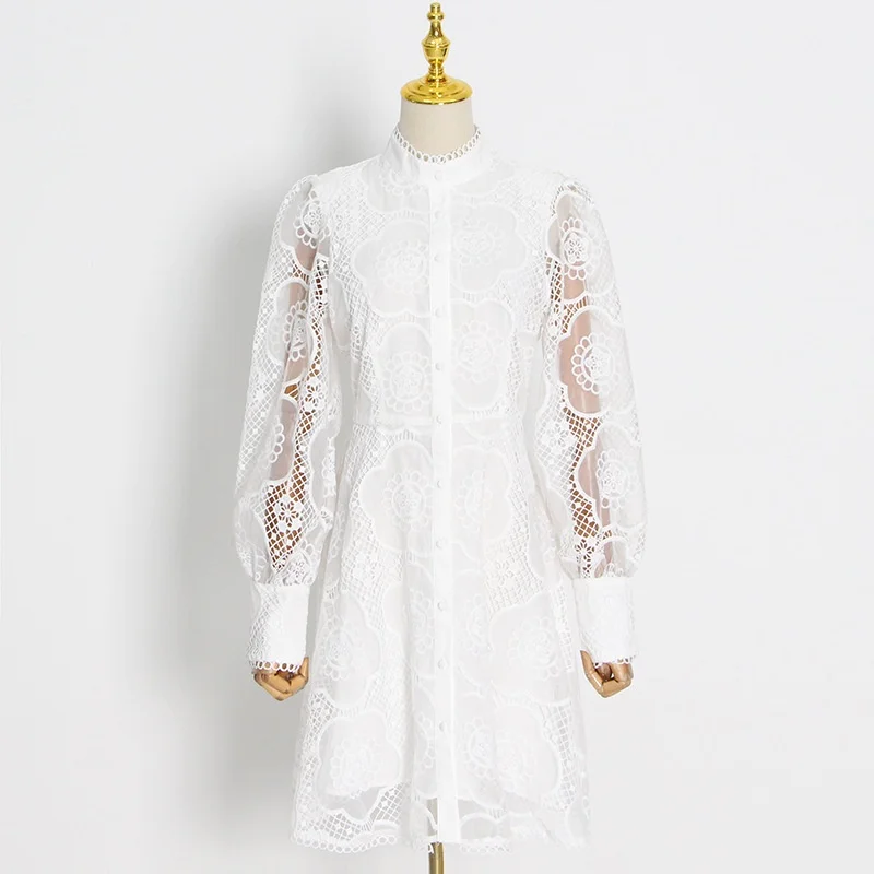 أنيقة الجوف خارج التطريز فستان الدانتيل الخريف ملابس النساء طويلة الأكمام ألف خط فساتين حفلة موسيقية فستان الحفلات نادي رداء فام