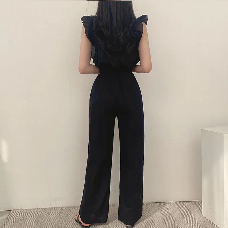 Summer Y2K Korean Style Vintage Harajuku Lady Jumpsuits Solid Fashion Waist Women\'s Clothing Square Collar Ruffle Female Clothes