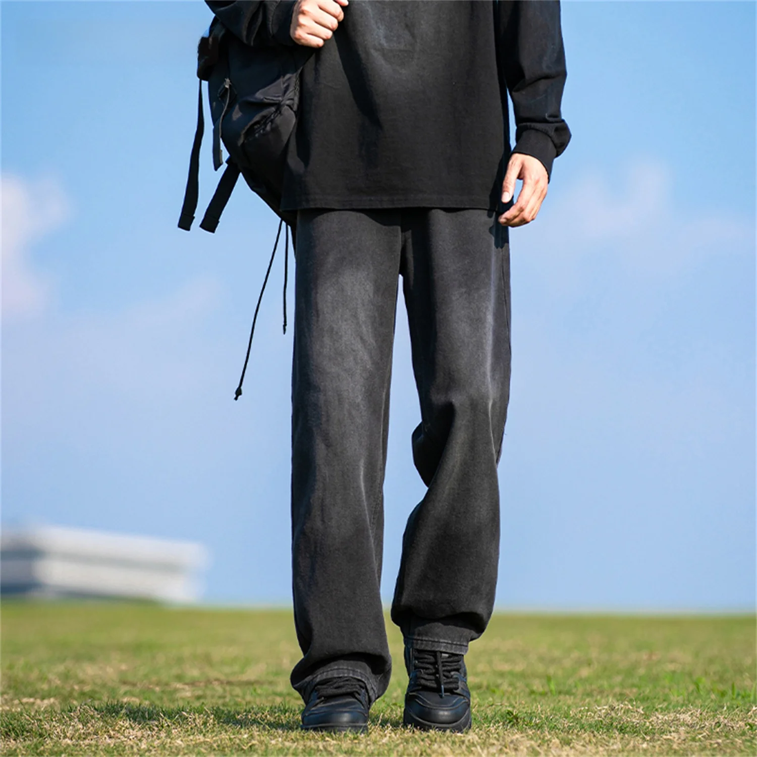 

ProteusBoy American Retro Waed Outdoor Casual Wide Leg f Elastic Waist Jeans Faded Cotton Polyester Blend Long Pants