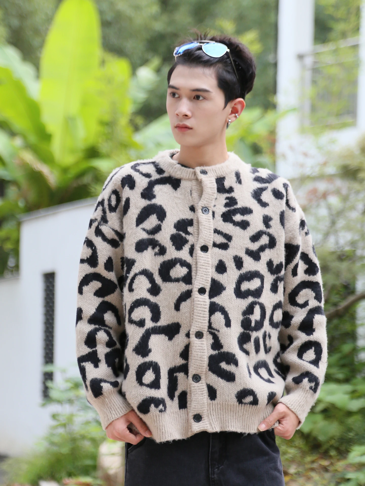 레트로 아메리칸 컬러 블록 레오파드 프린트 니트 소프트 스웨터 카디건 남녀 공용 독특한 디자인 캐주얼 따뜻한 옷