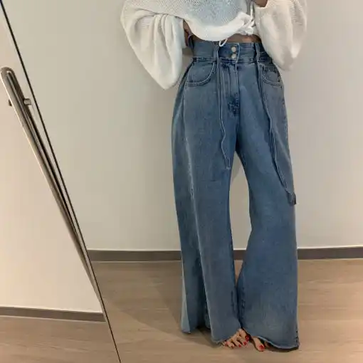 Fashionable Youthful Washed Loose Straight Leg Jeans Belted Pleated Lines Casual High Waist Cotton Denim All Seasons