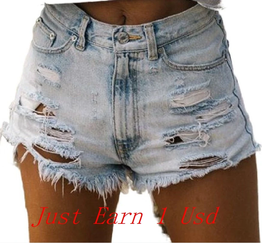 Summer Ripped Washed American High Waist Pierced Tassel Denim Shorts Women\'s Hot Pants Pant Casual Tassel Tight Street Pants