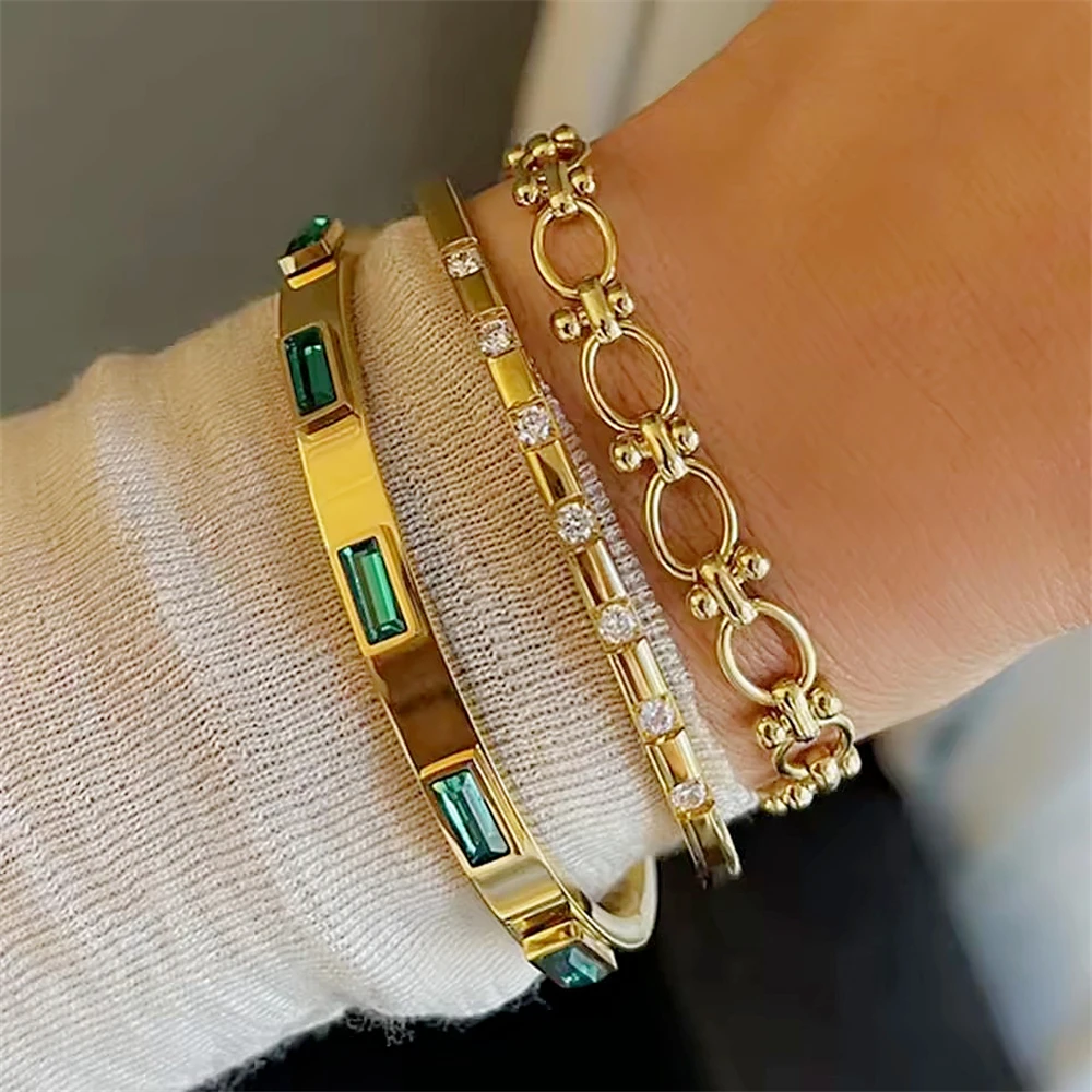 Gold Plated Cuff Bracelets for Women Cubic Zirconia Bangle Christmas Party Gift for Girlfriend Daughter Stackable Love Pulseras
