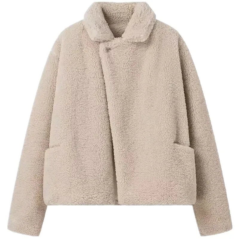 Autumn Winter Women's Long Sve Lamb Fur Coat Loose Fit Commute Friendly Wheat Spike Lamb Fur Jaet Sli Casual Outerwear