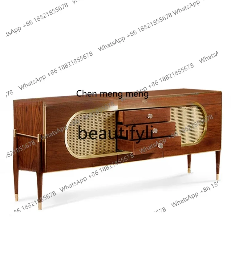 

Italian light luxury dining side cabinet Nordic solid wood stainless steel rattan storage cabinet Homestay entrance cabinet