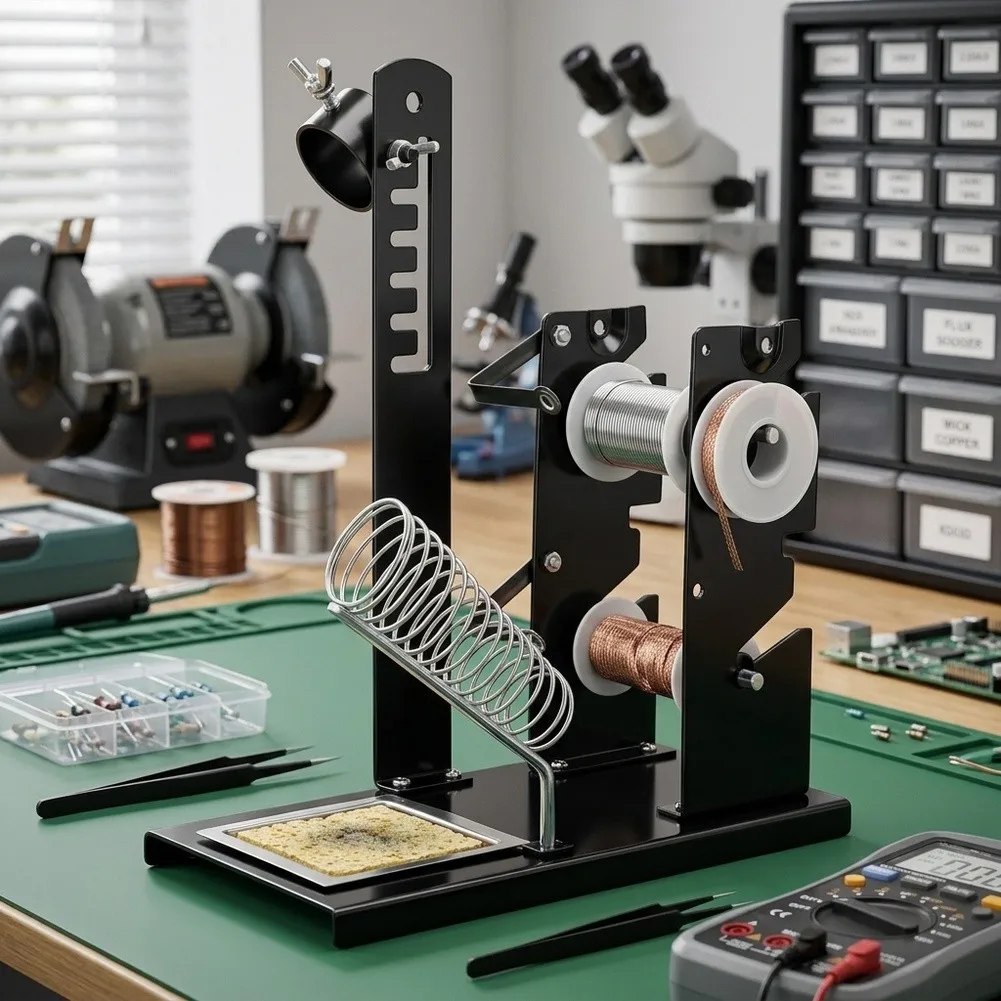 Soldering Iron Stand Featuring Dual Solder Wire Spool Support Adjustable Vertical Positioning and Spring-Based Iron Retention