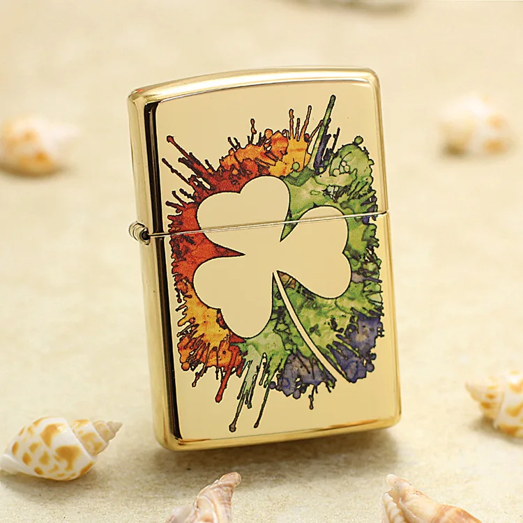 

Genuine Zippo Golden graffiti clover oil lighter copper windproof Kerosene lighters Gift with anti-counterfeiting code