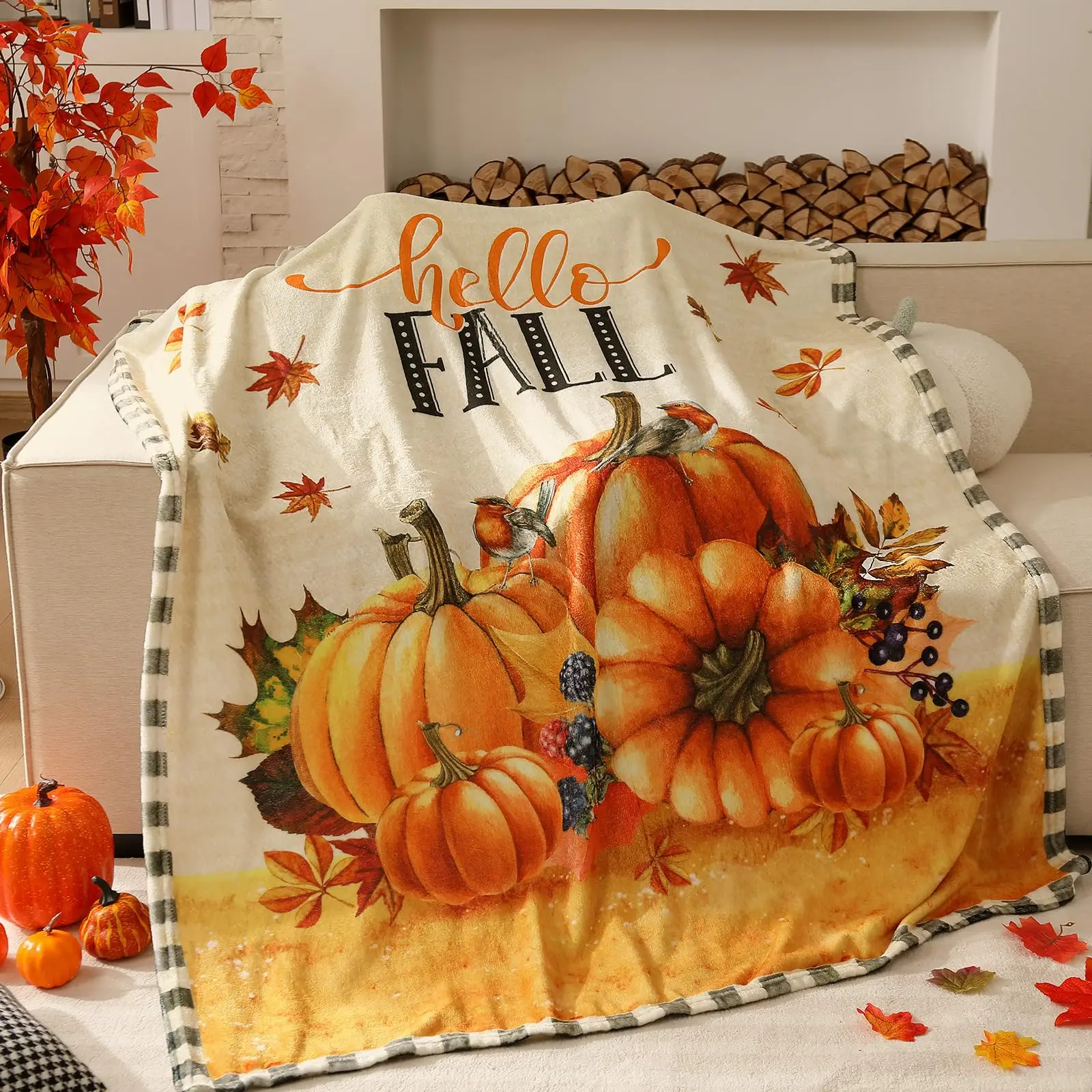 Breling Halloween Blanket Vintage Skull Flannel Comfortable Autumn Pumpkin Printed Fabric Soft and Warm Different Sizes