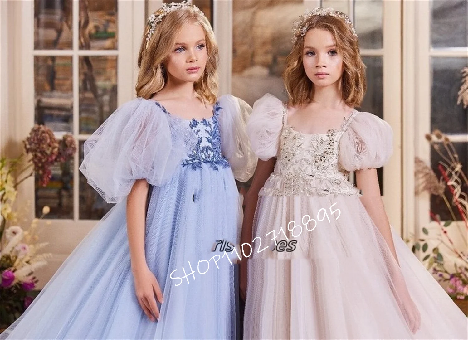 Princess Square Neck Lantern Short Sleeve Lace Sequined Wedding Party Special Occasion Flower Girl Dress