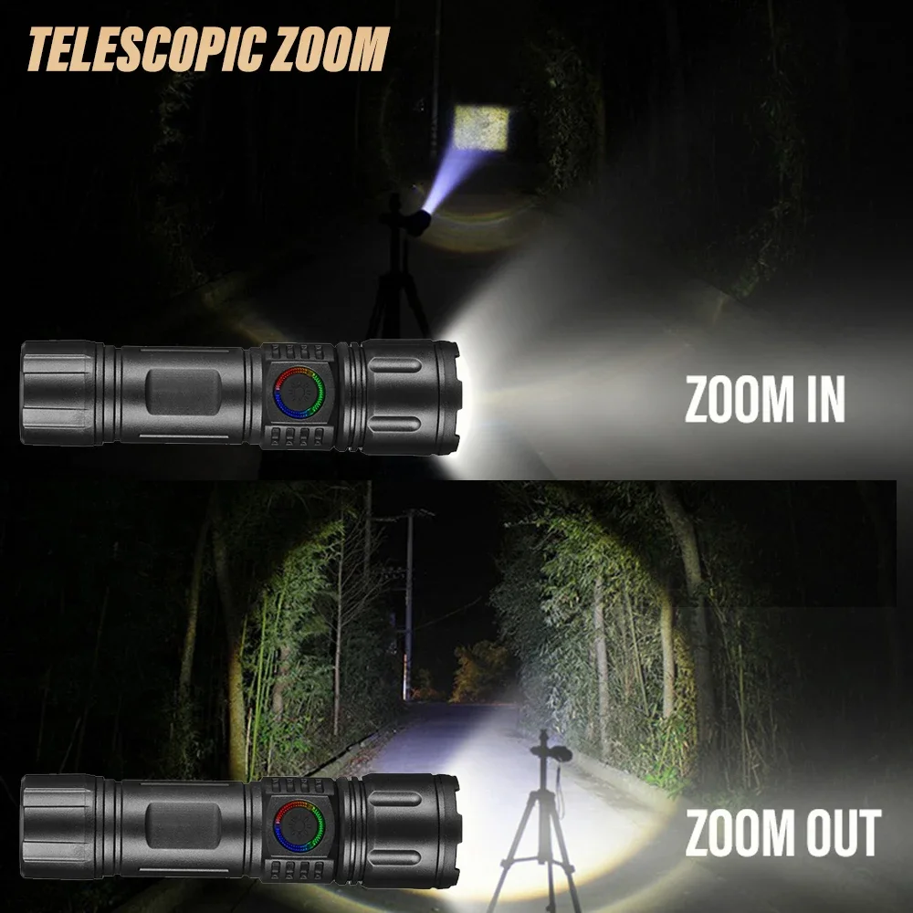 Super Bright LED Flashlight Rechargeable Torch Outdoor Searchlight Portable Camping Lamp with Telescopic Zoom Outdoor Handlight