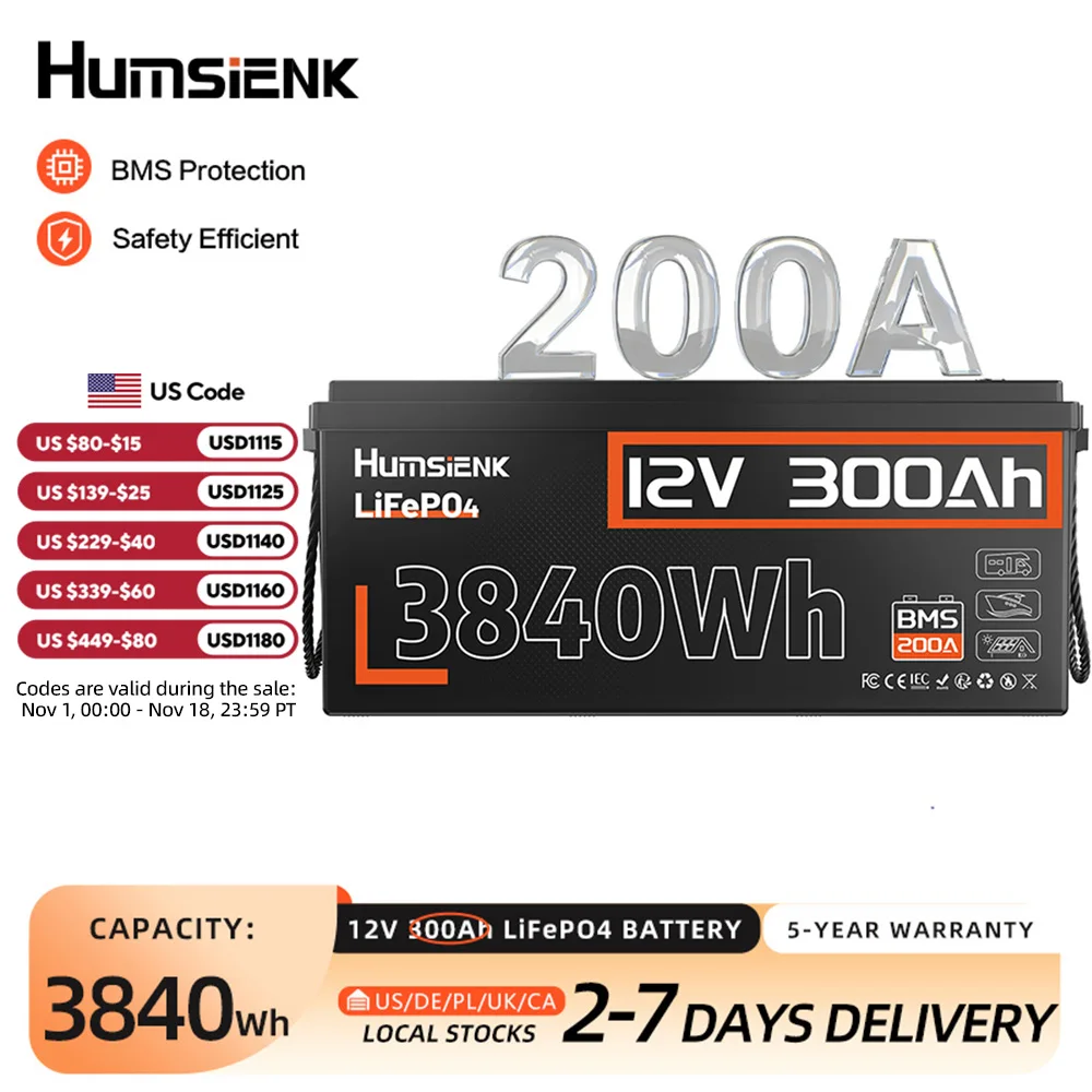 Humsienk 12V 300Ah LiFePO4 Battery, Built-in Bluetooth & 200A BMS, 15000+ Deep Cycle, Low-Temp Protection for RV, Van, Golf Cart, Boat, Camper, Marine, Solar Energy Storage, 5-Year Warranty