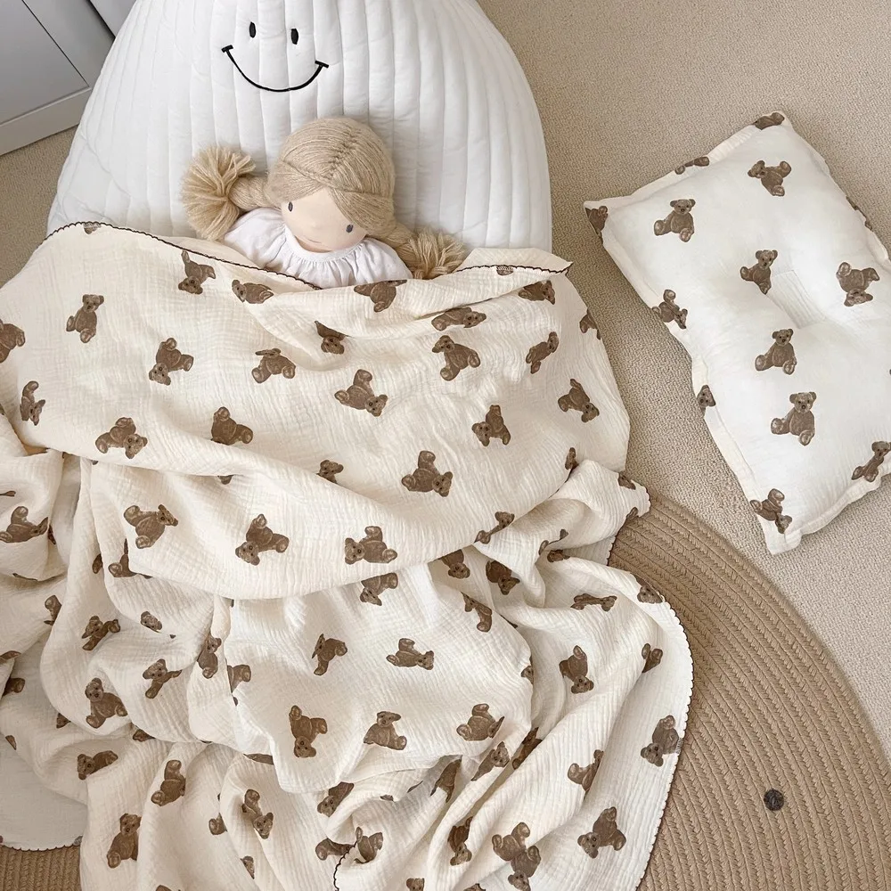 

Printed Teddy Bear Super Soft Cotton Muslin Blanket,Lovely Baby Swaddle, Newborn Wrap Bath Towel, Baby Receiving Blanket