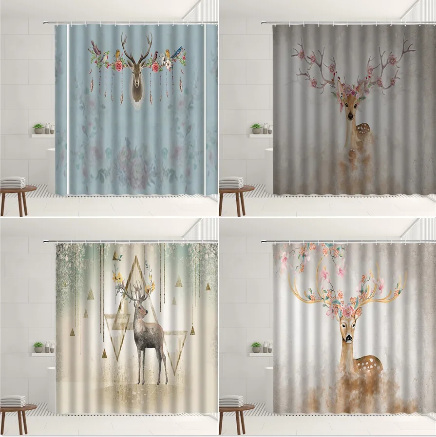 Tropical Animals Shower Curtain Elk Green Leaves Flower geometry Antlers Feather Pattern Curtains Home Bathroom Decor Screen Set