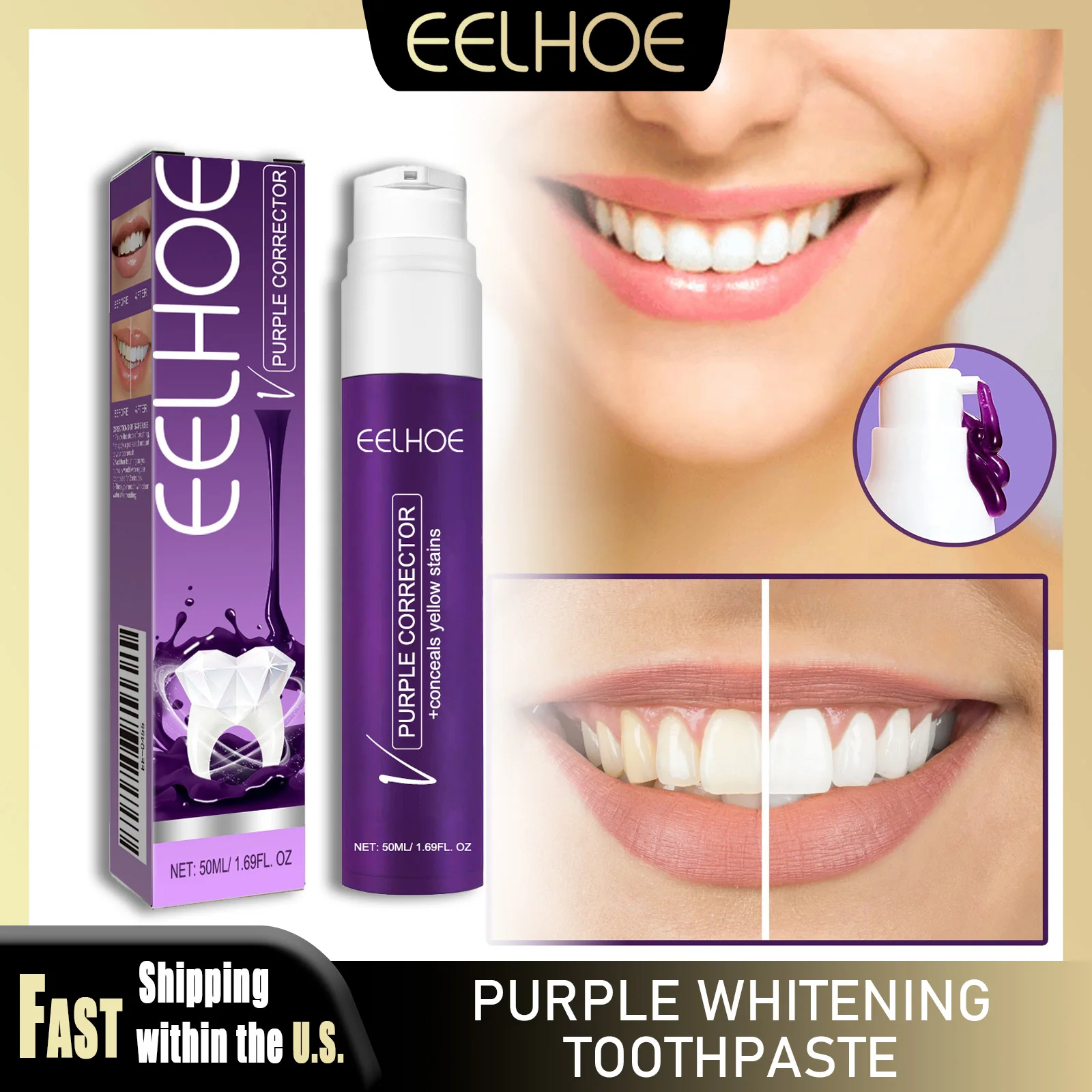 EELHOE 50ml pasta de dientes blanqueadora púrpura alivia la dolor de dientes limpieza profunda de dientes eliminar café té mancha aliento fresco cuidado Dental
