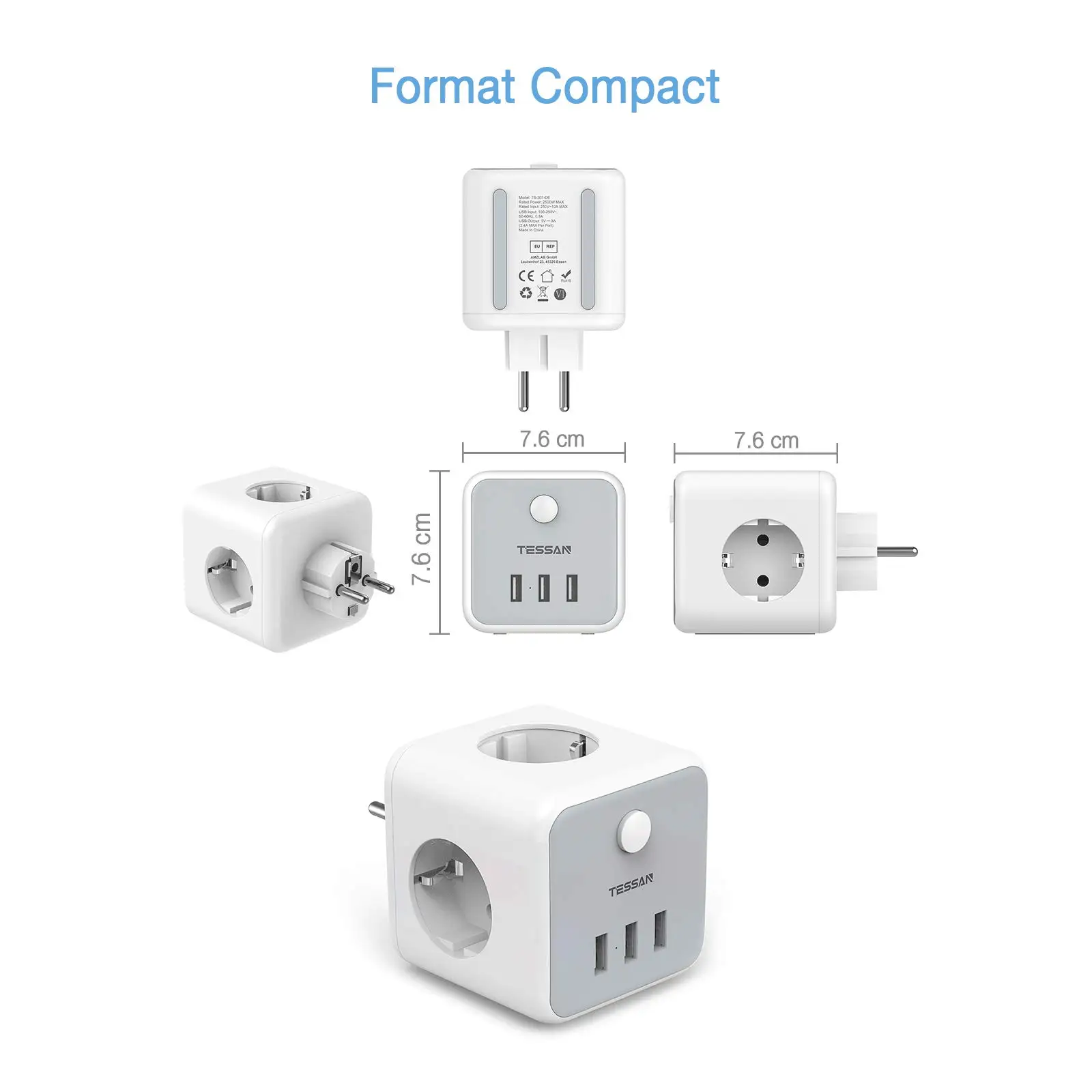 TESSAN-Extensor de Soquete Elétrico com Portas USB, Tee Socket Cube, Adaptador Multi-tap Power Strip para Viagem Doméstica, Europeu, Coréia