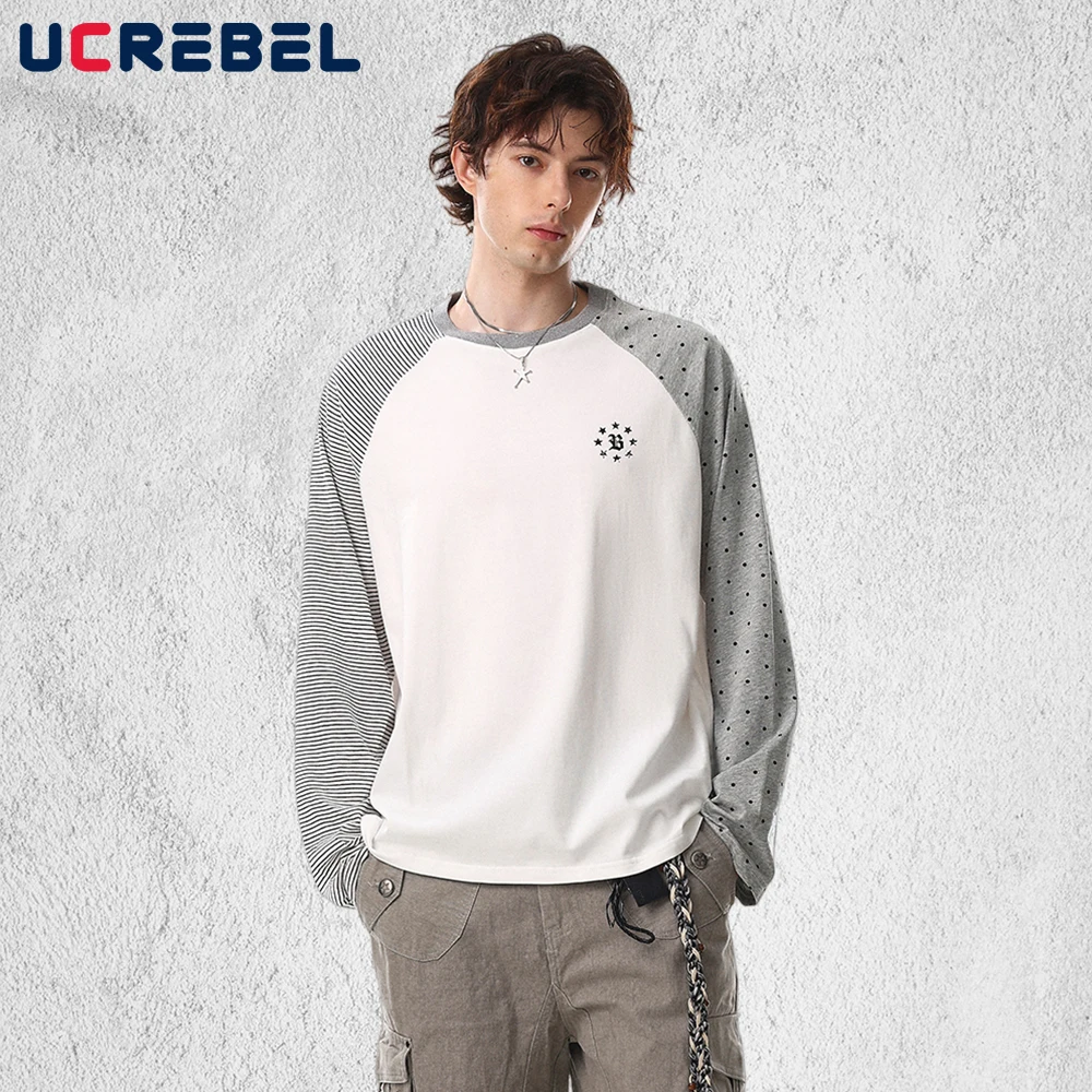 Camiseta de Manga Larga con Estampado de Lunares para Hombre, Estilo Y2K, Cuello Redondo, Manga Raglán, Algodón, Primavera