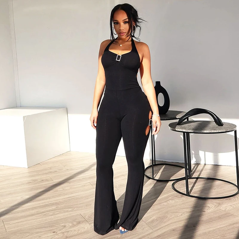 BIIKPIIK Sexy Backless Jumpsuit Club Women Skinny Rompers Aesthetic Fashion Button Halter Sleeveless Black Flare Jumpsuit Summer