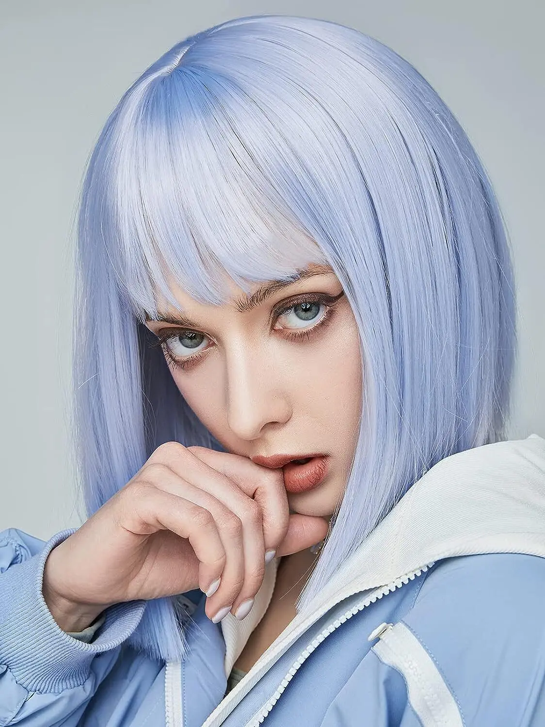 Short Straight Synthetic Wigs for Women Light Blue Bob Wig with Bangs
