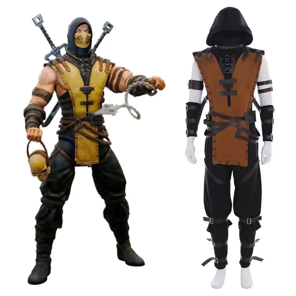 

MK X Scorpion Cosplay Game Costume Men Punk Retro Combat Uniform Full Set Halloween Carnival Ninja Battle Suit