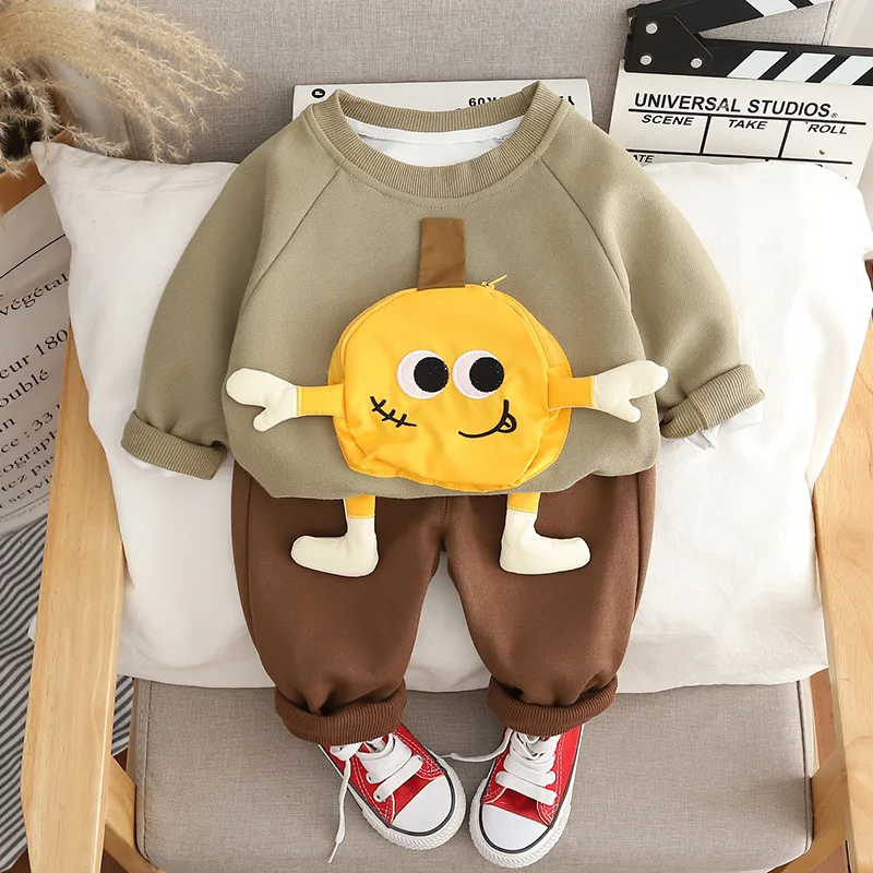 

Autumn 2024 Children Baby Boys 2PCS Clothes Set Cartoon Pocket Sweatshirts Solid Cotton Pants Suit Toddler Boys Outfits