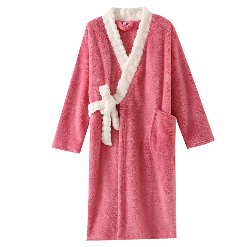 

Women's Solid Color Nightgown Winter Thickened Long-sleeved Robe Coral Fleece Kimono Bathrobe Pajamas Nightdress Flannel Nighty