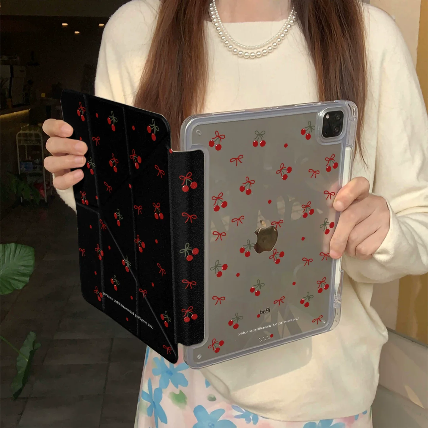 

Korean Ins Black Red Cherry Design For iPad Case iPad 2025 Air 7 6 5 10 11 Pro 11 & Mini (10.9") Y-Fold Stylish Cover for Girls