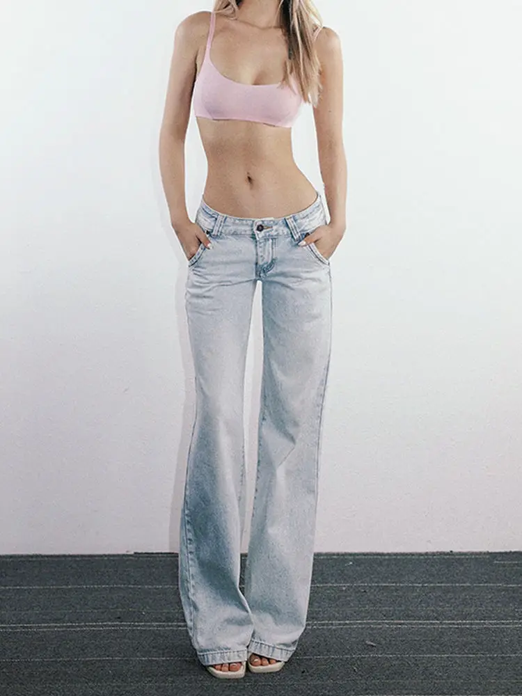 Casual Light Blue Low Waist Jeans Woman Streetwear American Vintage Denim Pants Female Casual Washed Straight Pantalons Mujer